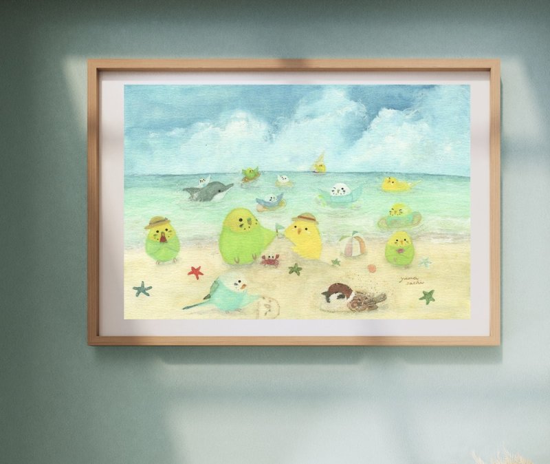 A4 暑假 长尾小鹦鹉 大海 自然 风景画 虎皮鹦鹉 麻雀 小鸟雀 - 海报/装饰画/版画 - 纸 蓝色