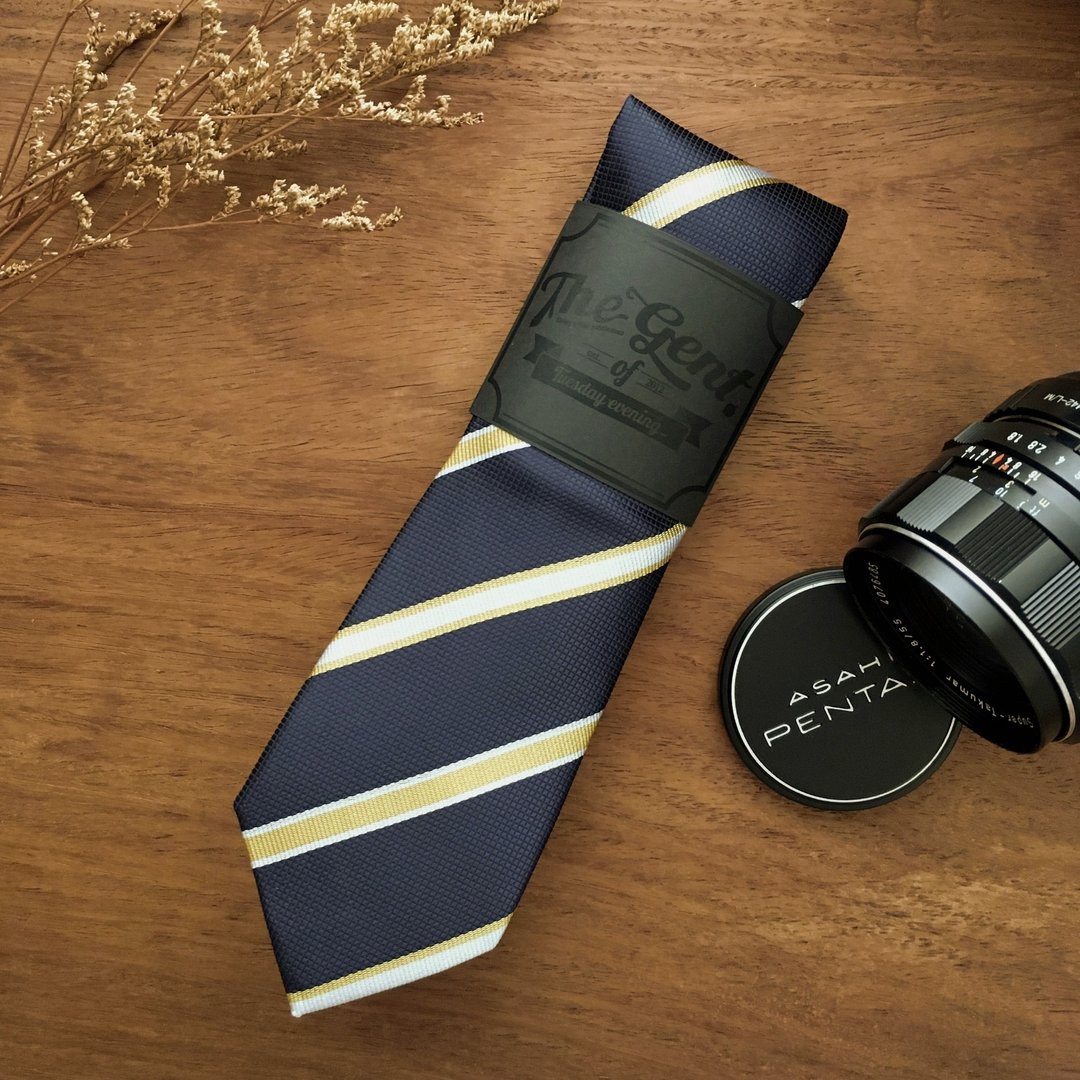 The GENT Navy-Yellow Butter Stripe Necktie - 领带/领带夹 - 聚酯纤维 蓝色