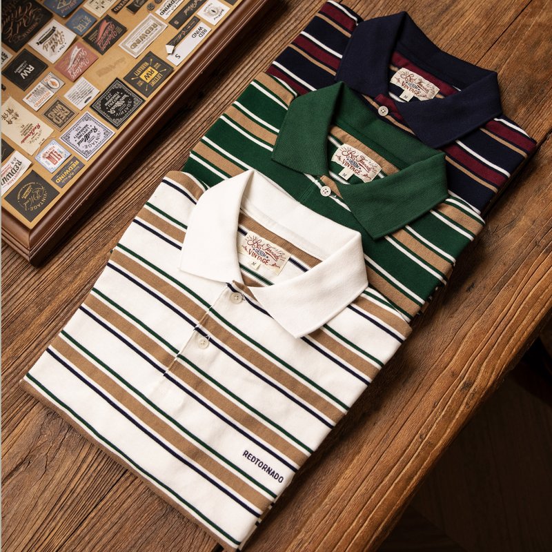 复古条纹polo衫 美式 复古 polo衫 短袖 T-shirt 常春藤学院风 - 男装上衣/T 恤 - 棉．麻 多色