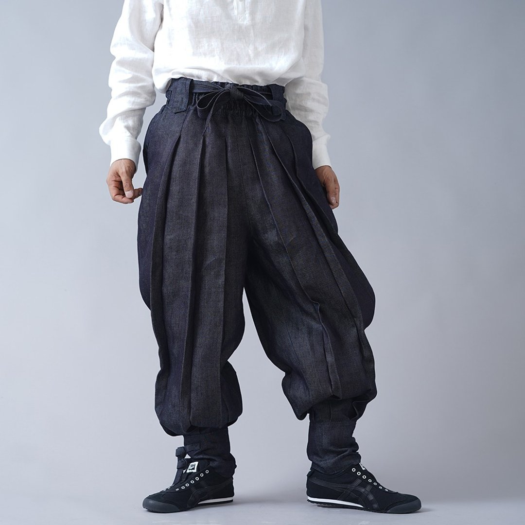 wafu --Pure flax ox long trousers Linen Denim Unisex Ninja Pants / Dark Indigo b005c-din3 - 中性裤装 - 亚麻 黑色