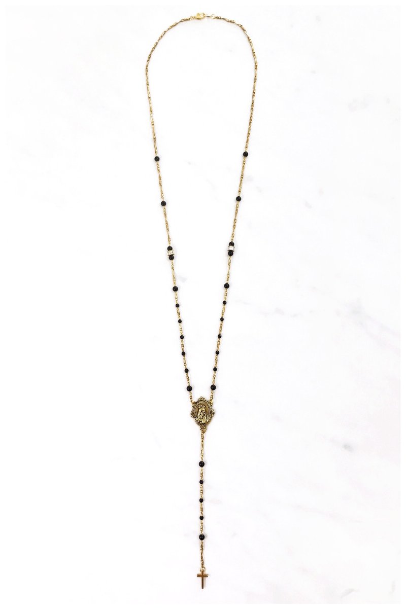 +黑玛瑙·圣母·十字架·黄铜长项链+ - 长链 - 宝石 黑色