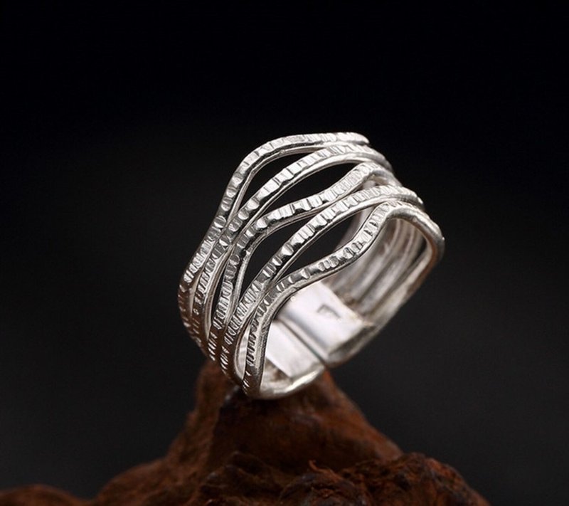 Real 925 Sterling Silver Women Handmade Wave Stripe Finger Rings Ethnic Vintage - 戒指 - 纯银 银色