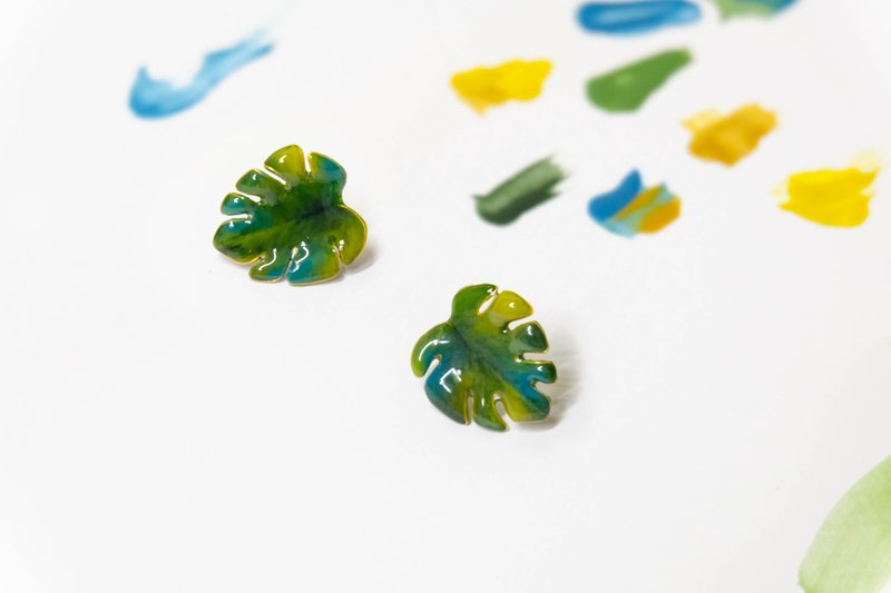 耳针x耳夹水晶花_彩绘龟背竹_光点饰品 - 耳环/耳夹 - 树脂 绿色