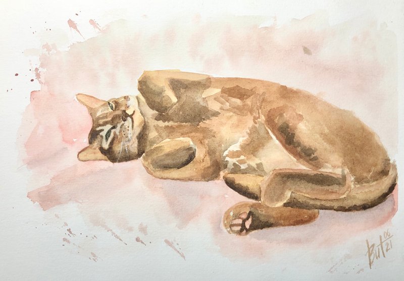 Cat Painting Animal Original Artwork Watercolor Pet Portrait Red Cat Wall Art - 海报/装饰画/版画 - 纸 粉红色