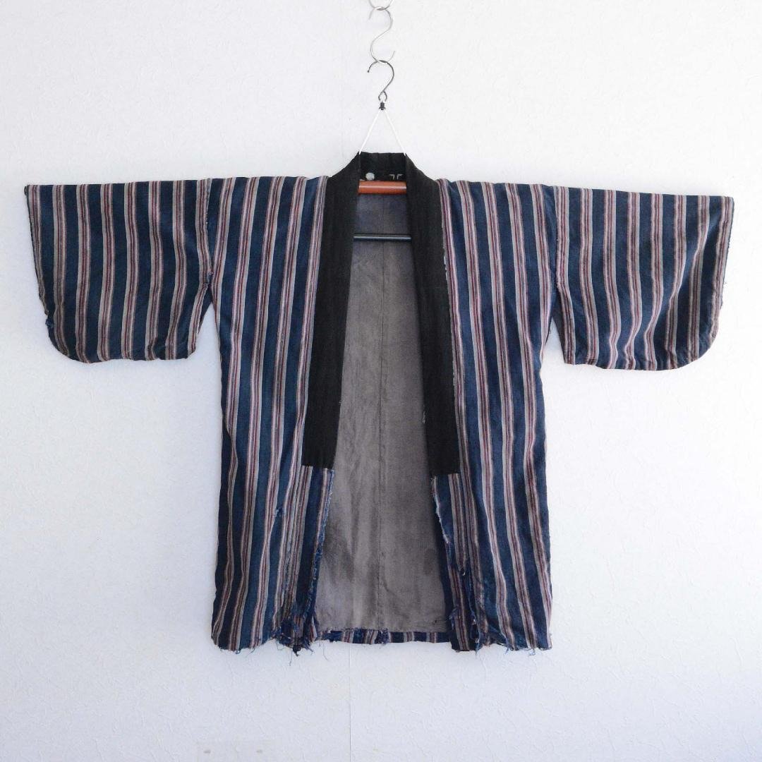 和服外套农夫工作服靛蓝染棉和服条纹图案日本复古翻拍材质 - 女装休闲/机能外套 - 棉 蓝色