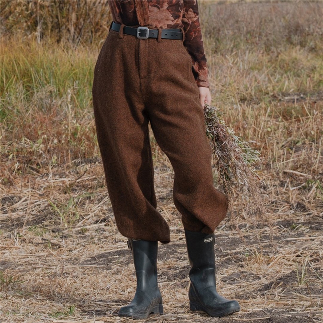 咖啡色 英式復古羊毛尼直筒褲休閒褲 - 女装长裤 - 羊毛 咖啡色