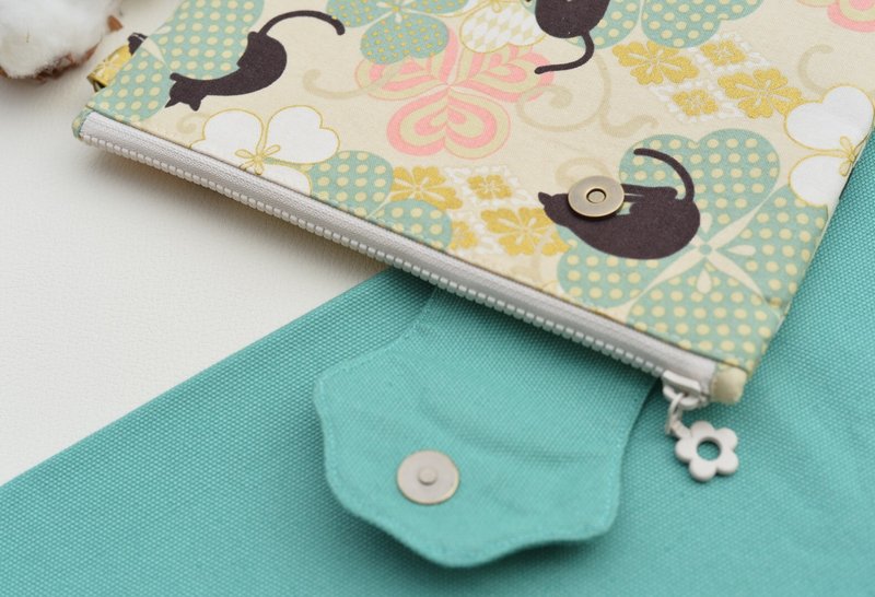万用拉链袋-幸运草猫咪棉布 - 铅笔盒/笔袋 - 棉．麻 绿色