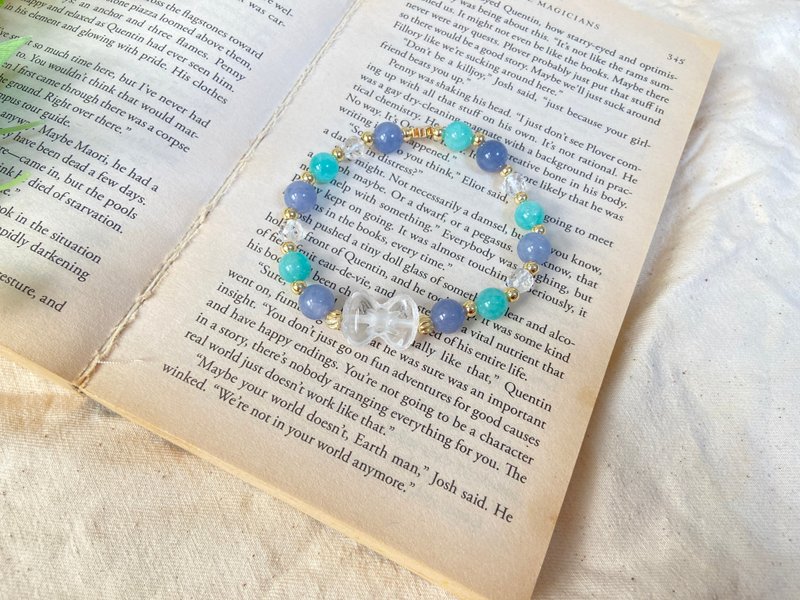 沟通表达力。幸运。白水晶/丹泉石/天河石 - 手链/手环 - 水晶 蓝色