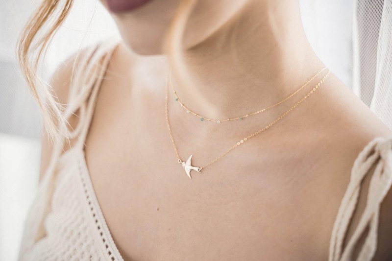 天然亚马逊石闪烁卫星项链 - 14K注金 - 欧美项链 - 金色项链 - 项链 - 其他金属 金色