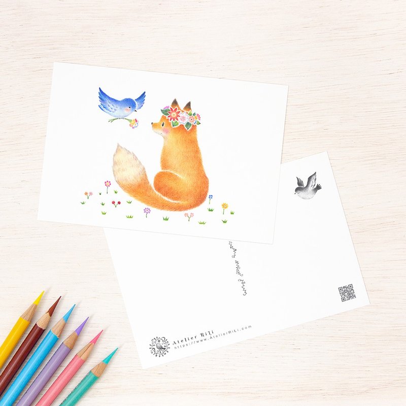 Set of 5 pieces. Like a picture book. Postcard "Friendly Fox and Little Bird" PC-397 - 卡片/明信片 - 纸 黄色