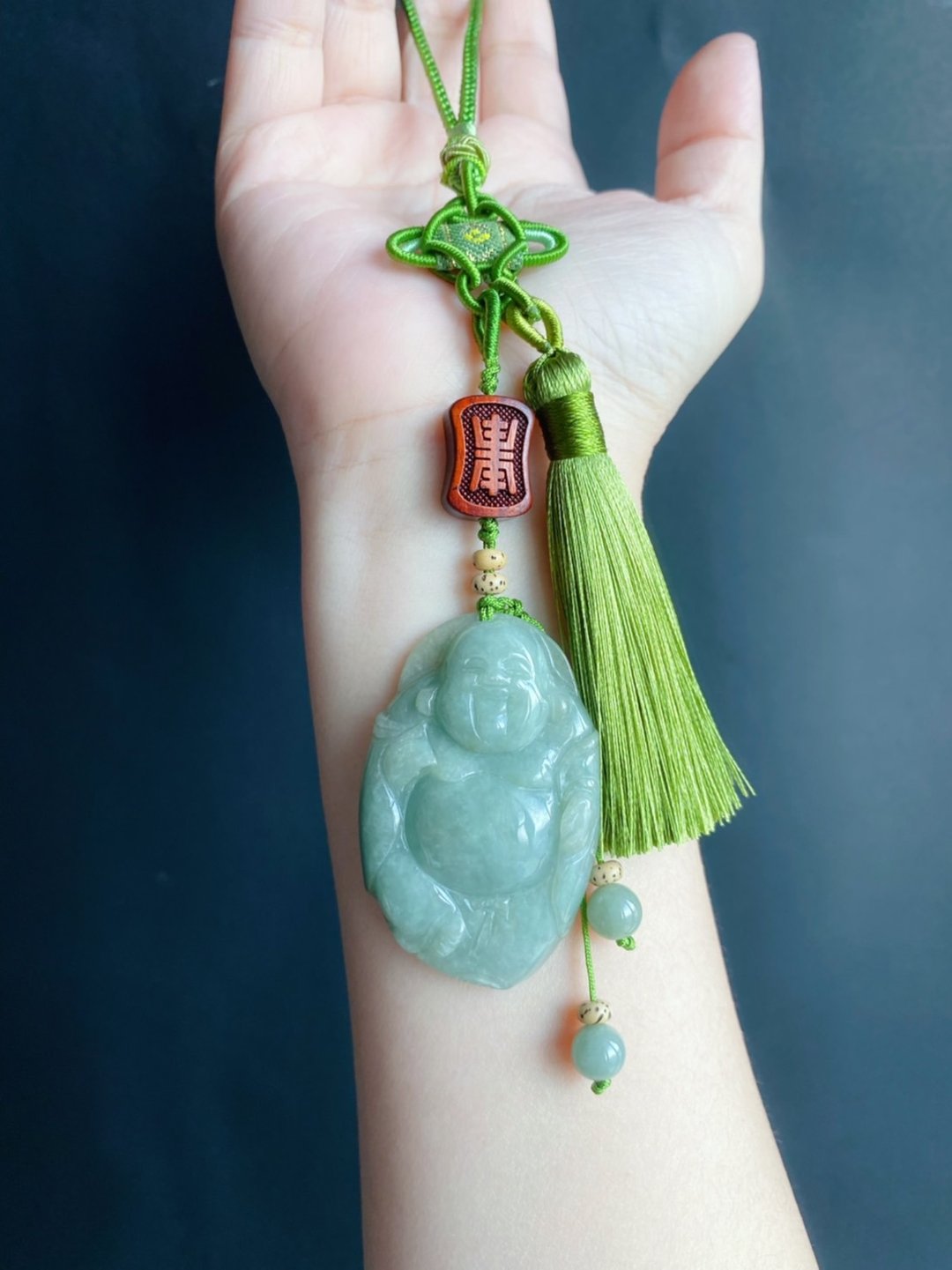 天然缅甸玉翡翠 招财纳福 佛公 弥勒佛 手机挂 包挂 礼物 jade - 挂绳/吊绳 - 玉石 绿色