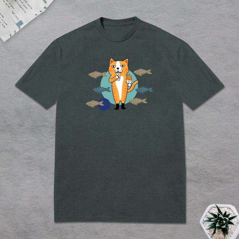 T恤 猫吃鸡排配珍奶 - 男装上衣/T 恤 - 棉．麻 黑色