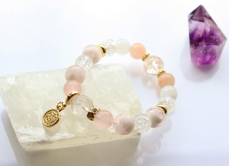 天然石硅石水晶与玫瑰水晶手链　恋爱护身符　能量石手链　粉红色 - 手链/手环 - 水晶 粉红色