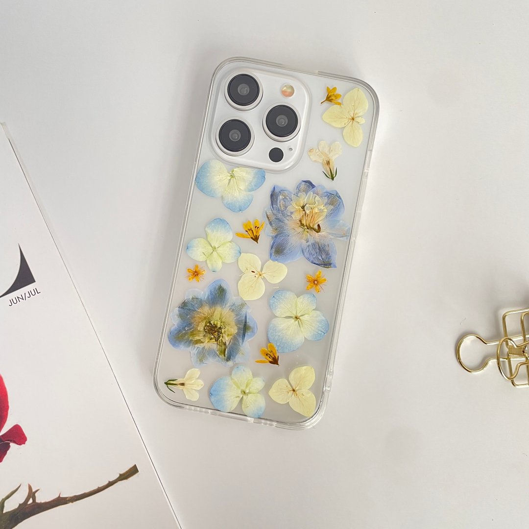 天然蓝白色真花手机壳 适用于iPhone 16 Pro Max Samsung S25 - 手机壳/手机套 - 植物．花 