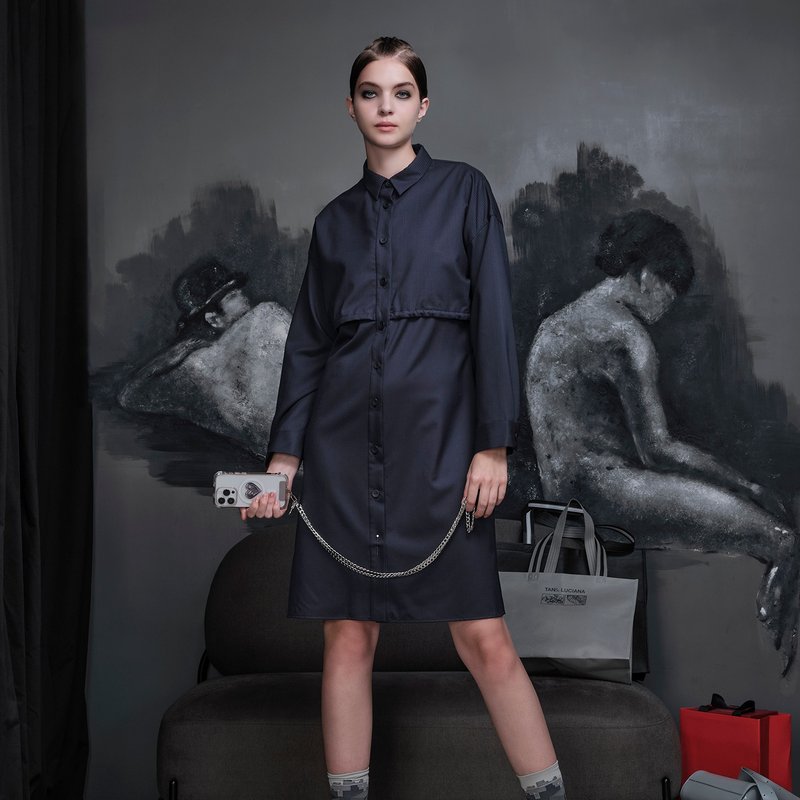 轻羊毛叠穿感开襟洋装 - 洋装/连衣裙 - 羊毛 蓝色