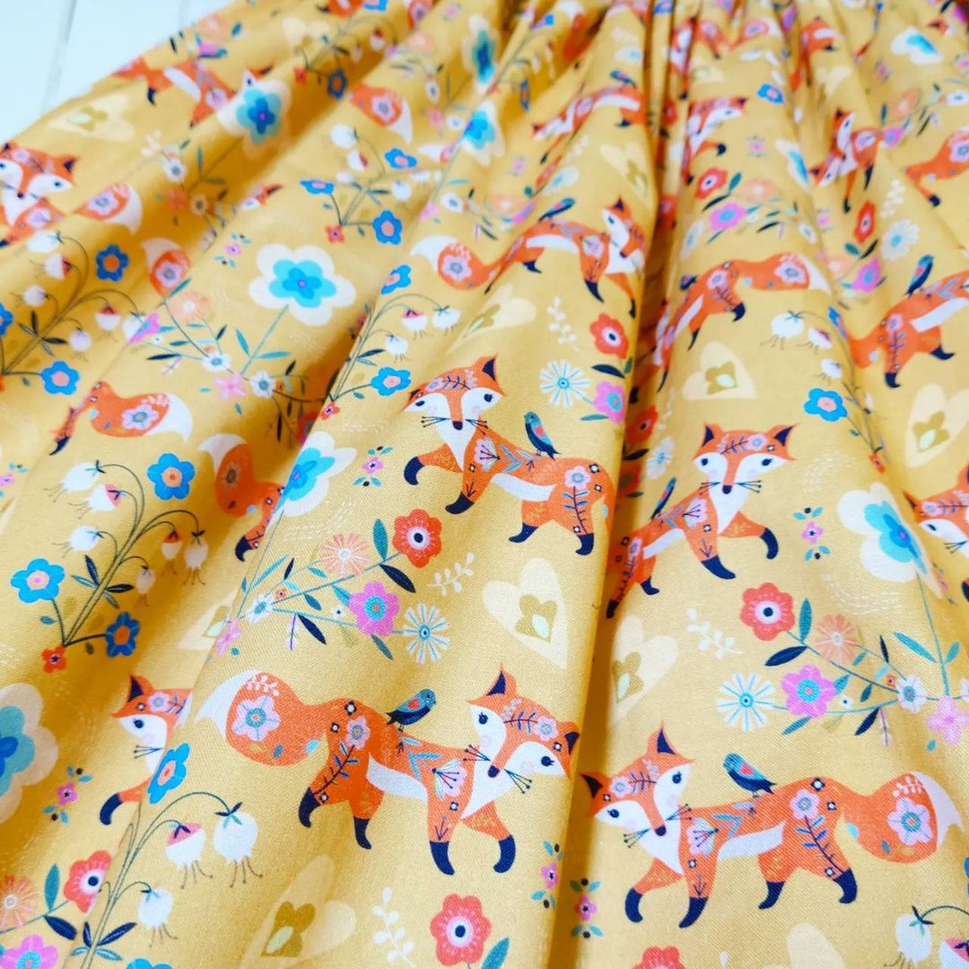 [Made to Order] 狐狸与花朵裙子 ss23 / 均码 / 英格兰面料 / 日本制造 / 猫头鹰 - 裙子 - 棉 黄色