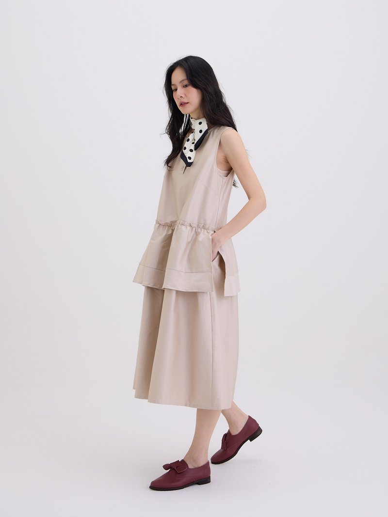 无非圆领无袖半开襟洋装-土桑 - 洋装/连衣裙 - 棉．麻 卡其色
