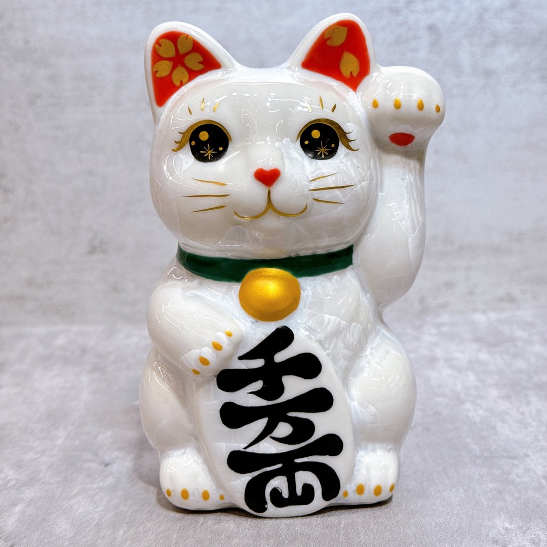 【晶樱纳宝】日本清水烧招财猫 | 花结晶 白 - 千万両 左 - 摆饰 - 瓷 白色