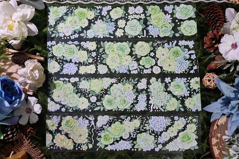 OKMT新七天小清新绿色玫瑰流麻咕卡贴纸PET手帐手账胶带 翠影幽香 - 纸胶带 - 塑料 绿色