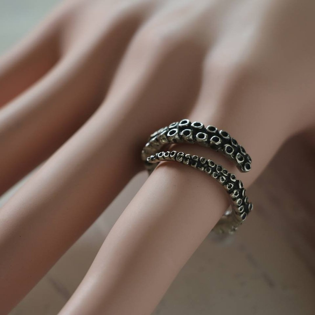 squid octopus Biker Ring Skull sterling silver Kraken Steampunk tentacle gift he - 戒指 - 其他金属 银色