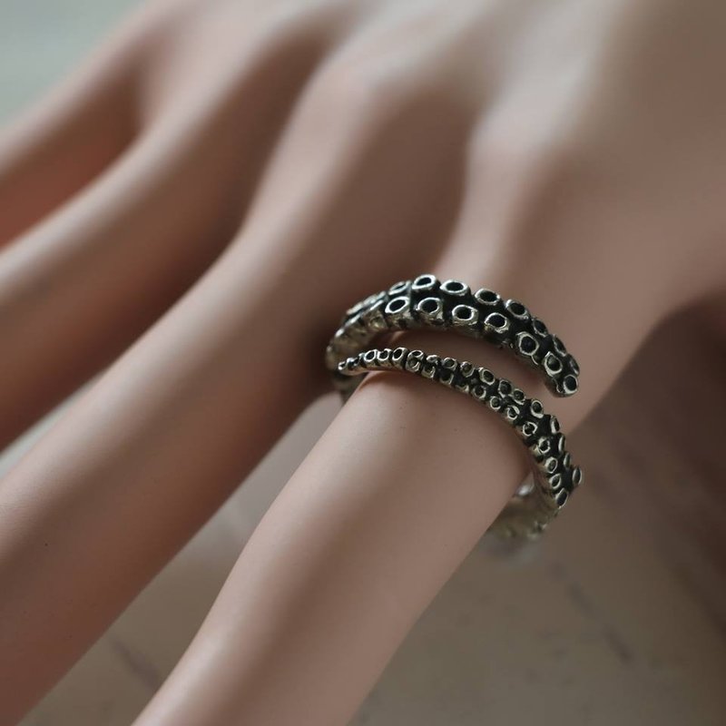 squid octopus Biker Ring Skull sterling silver Kraken Steampunk tentacle gift he - 戒指 - 其他金属 银色