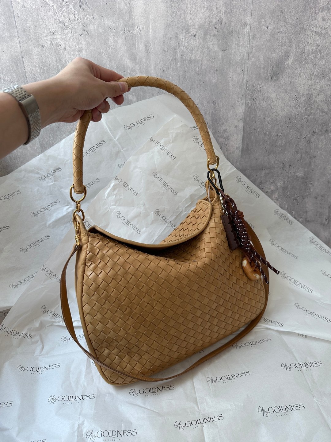 中古包 BOTTEGA VENETA 宝缇嘉 奶茶编织 Hobo 包 - 手提包/手提袋 - 真皮 咖啡色