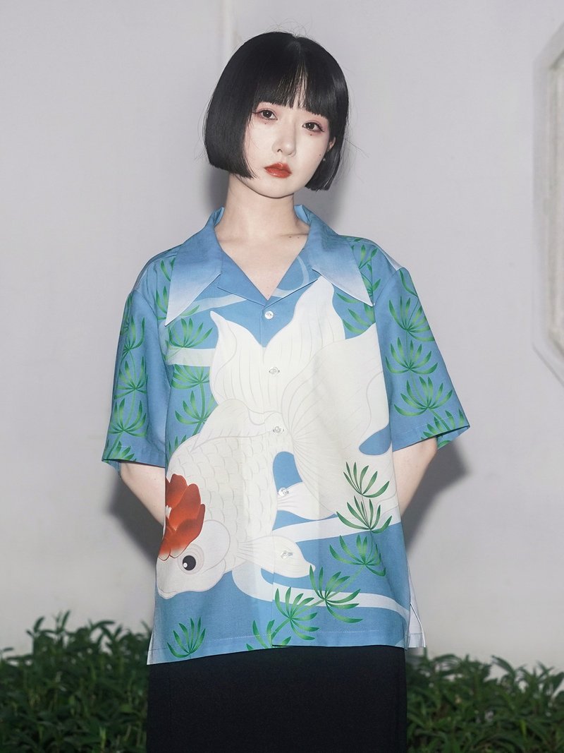 限定设计金鱼图案复古夏威夷衬衫短袖开领衬衫 夏日穿搭 - 女装衬衫 - 其他材质 多色