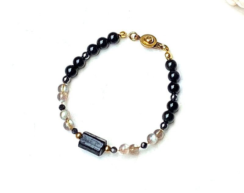 拉长石 黑曜石 黑发晶 黑胆石 黑碧玺原石能量 黄铜手链 定制 - 手链/手环 - 水晶 多色