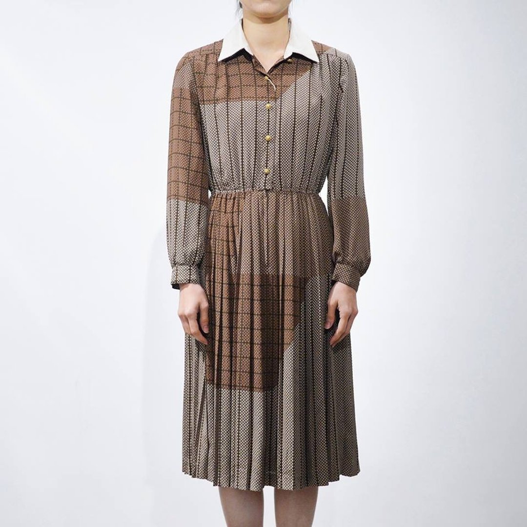《Vintage dress》褐色饼干 VD150 - 洋装/连衣裙 - 聚酯纤维 咖啡色