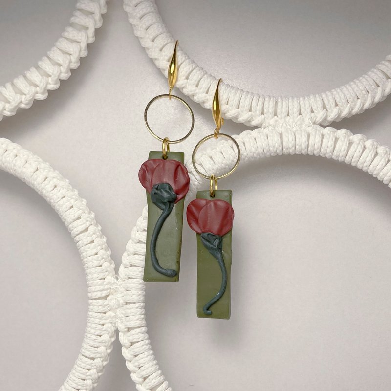 地绿花痴大挂红罂粟系列 - 耳环/耳夹 - 其他材质 绿色