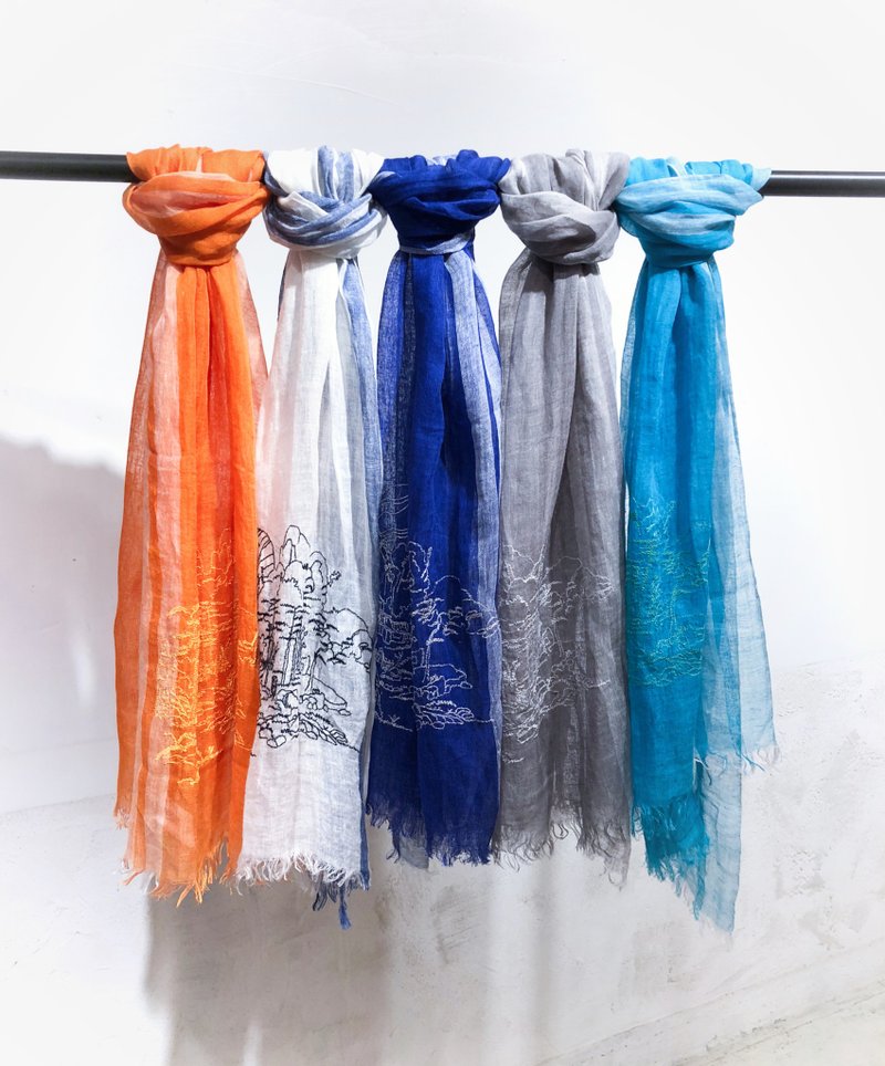 原创迷路太空人线条画綉花麻围巾 - 围巾/披肩 - 棉．麻 多色