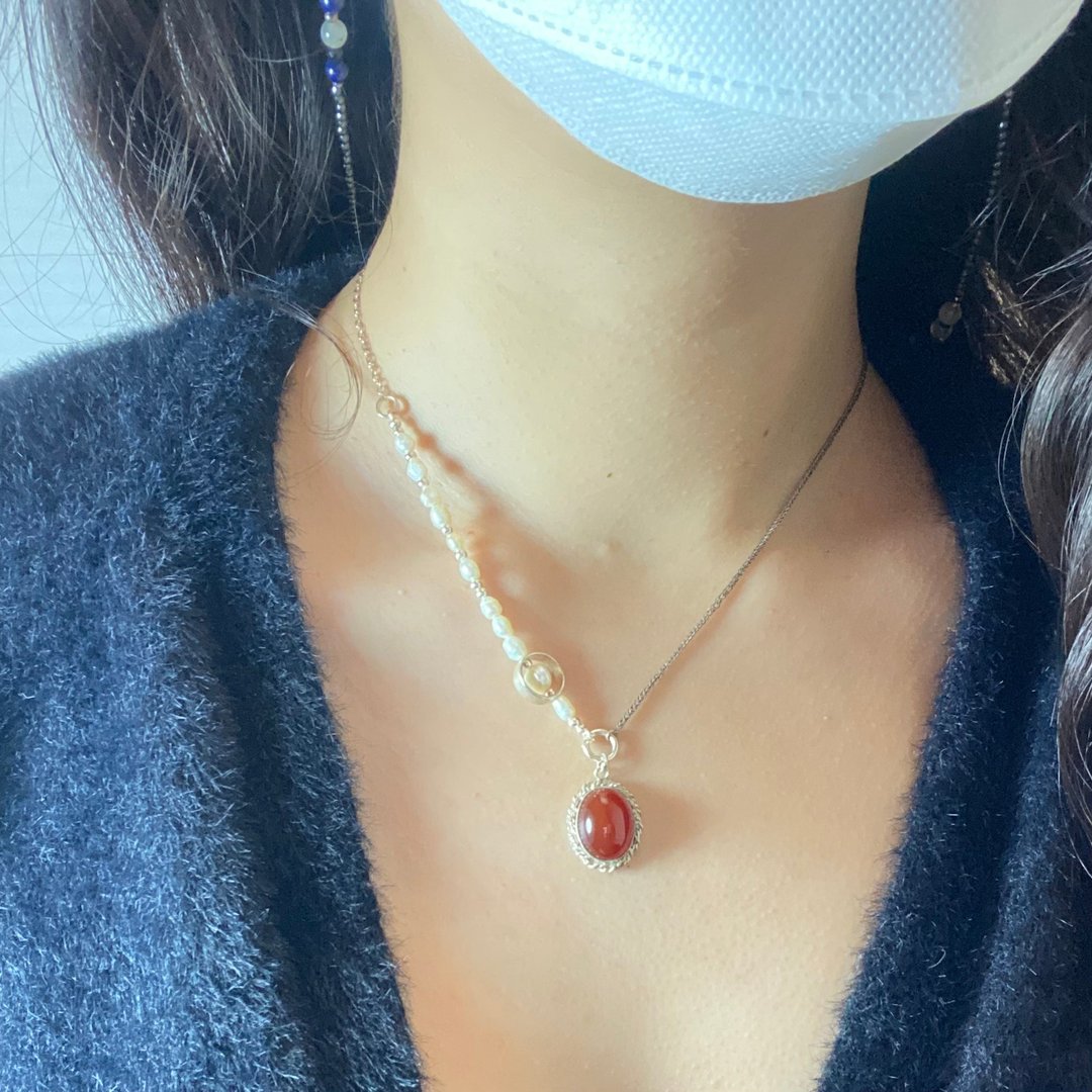 矿石不对称珍珠项链_红玛瑙 - 项链 - 银 红色