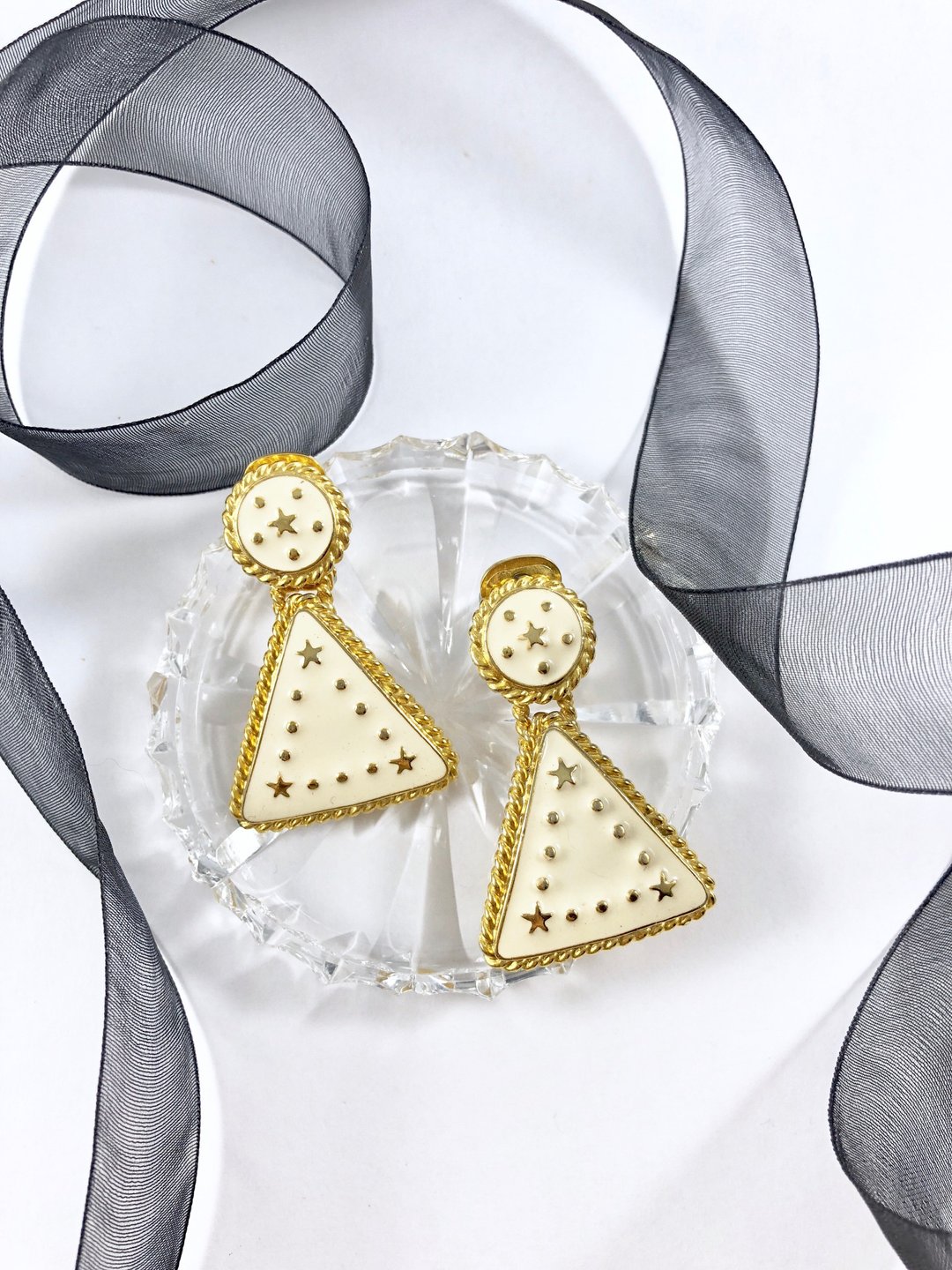 Vintage 70s Gold Stars Triangle Drop Earrings - 耳环/耳夹 - 贵金属 白色