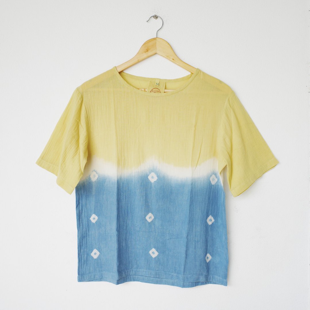 Yellow x Indigo dot shirt / 100% cotton / natural color - 女装上衣 - 棉 蓝色
