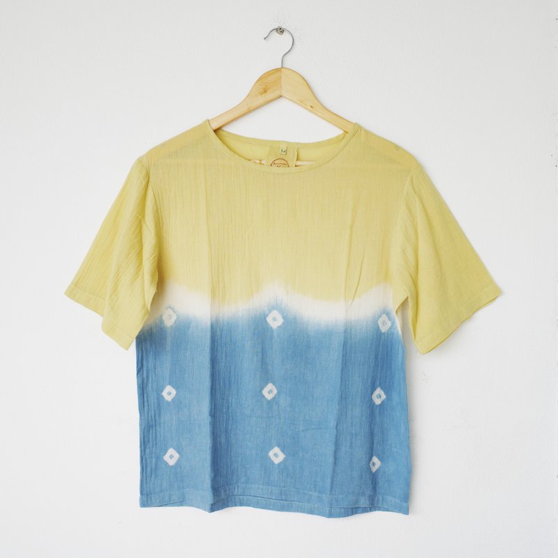 Yellow x Indigo dot shirt / 100% cotton / natural color - 女装上衣 - 棉．麻 蓝色