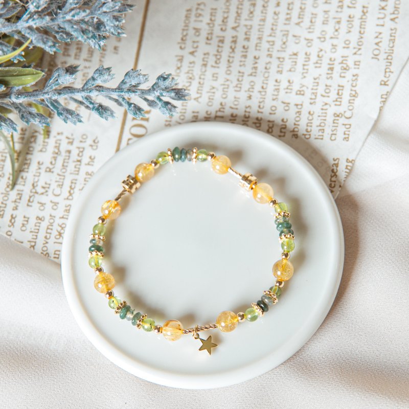 日日生财NEW 钛晶-橄榄石-绿水草玛瑙-14k包金材料 母亲节礼物 - 手链/手环 - 其他金属 黄色