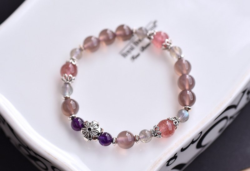 烟熏紫玉髓+紫水晶+草莓晶+拉长石纯银花朵手链 - 手链/手环 - 宝石 紫色