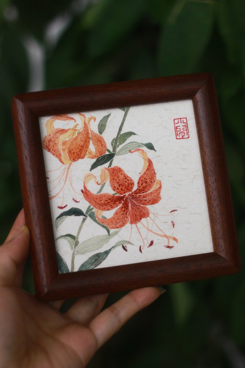 卷丹百合没骨作品集 | 国画原作孤品 | 4寸中式摆台 | 实木画框 - 画框/相框 - 纸 白色