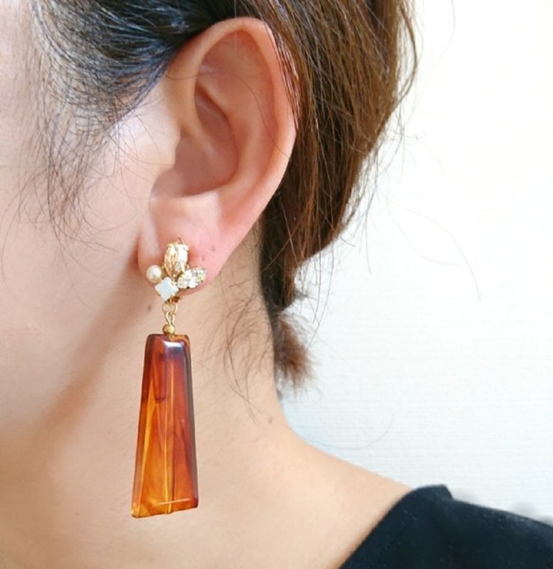 Tortoiseshell x bijou Clip-On, earrings - 耳环/耳夹 - 其他金属 咖啡色