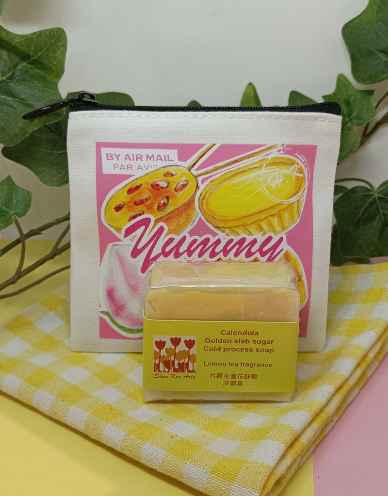 港式食物文创帆布小钱包(港式食物图案)配片糖金盏花冷制皂 - 手提包/手提袋 - 其他材质 黄色