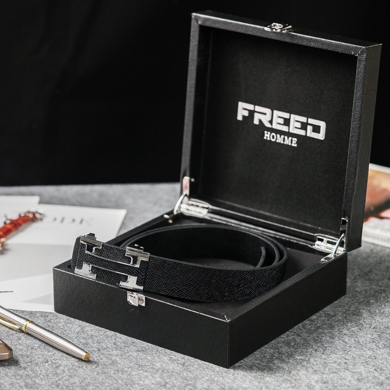 【FREED】时尚英文字母扣头商务头层牛皮耐磨自动皮带 - 皮带/腰带 - 真皮 黑色