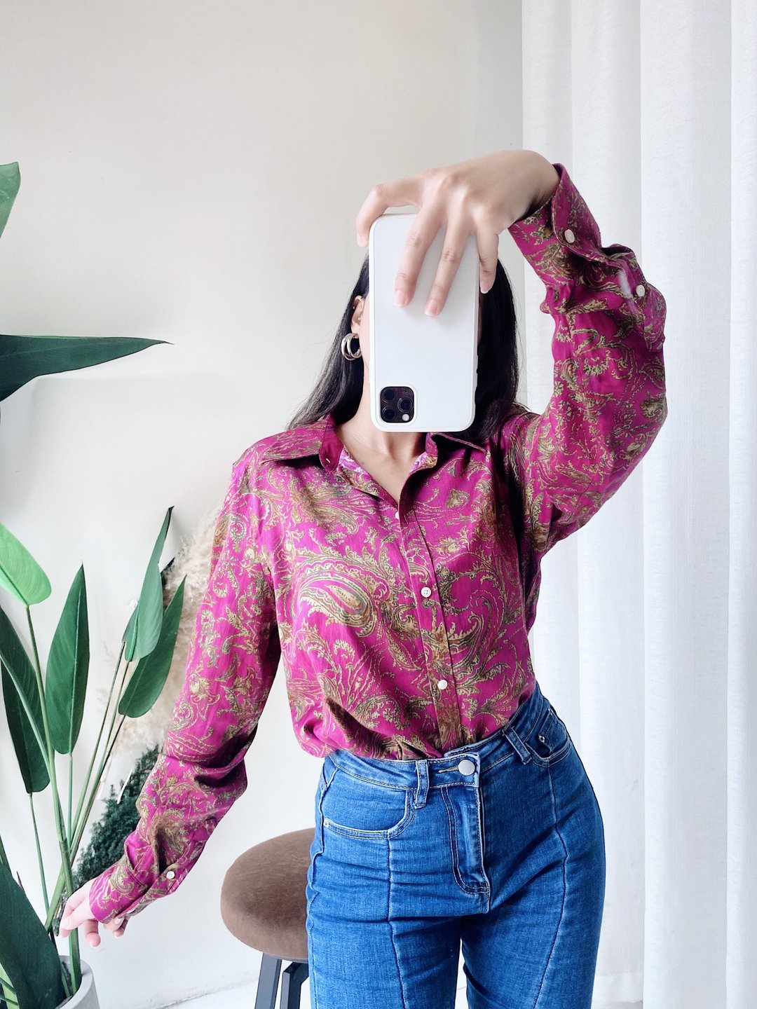 桃紫红宫廷花纹图腾 古着翻领纯棉衬衫上衣 vintage Shirt - 女装衬衫 - 棉 多色