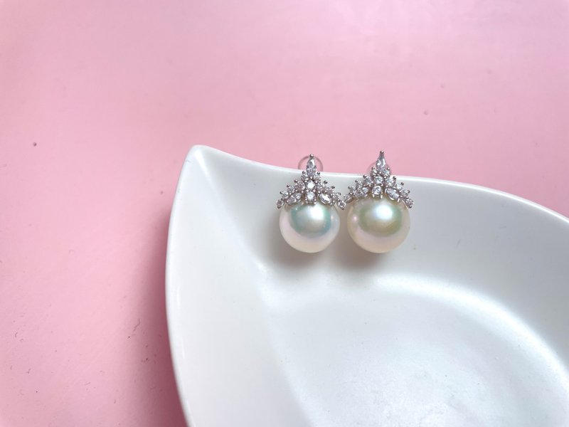 冰雪女王 天然淡水珍珠 满镶 纯银 耳环 - 耳环/耳夹 - 珍珠 白色