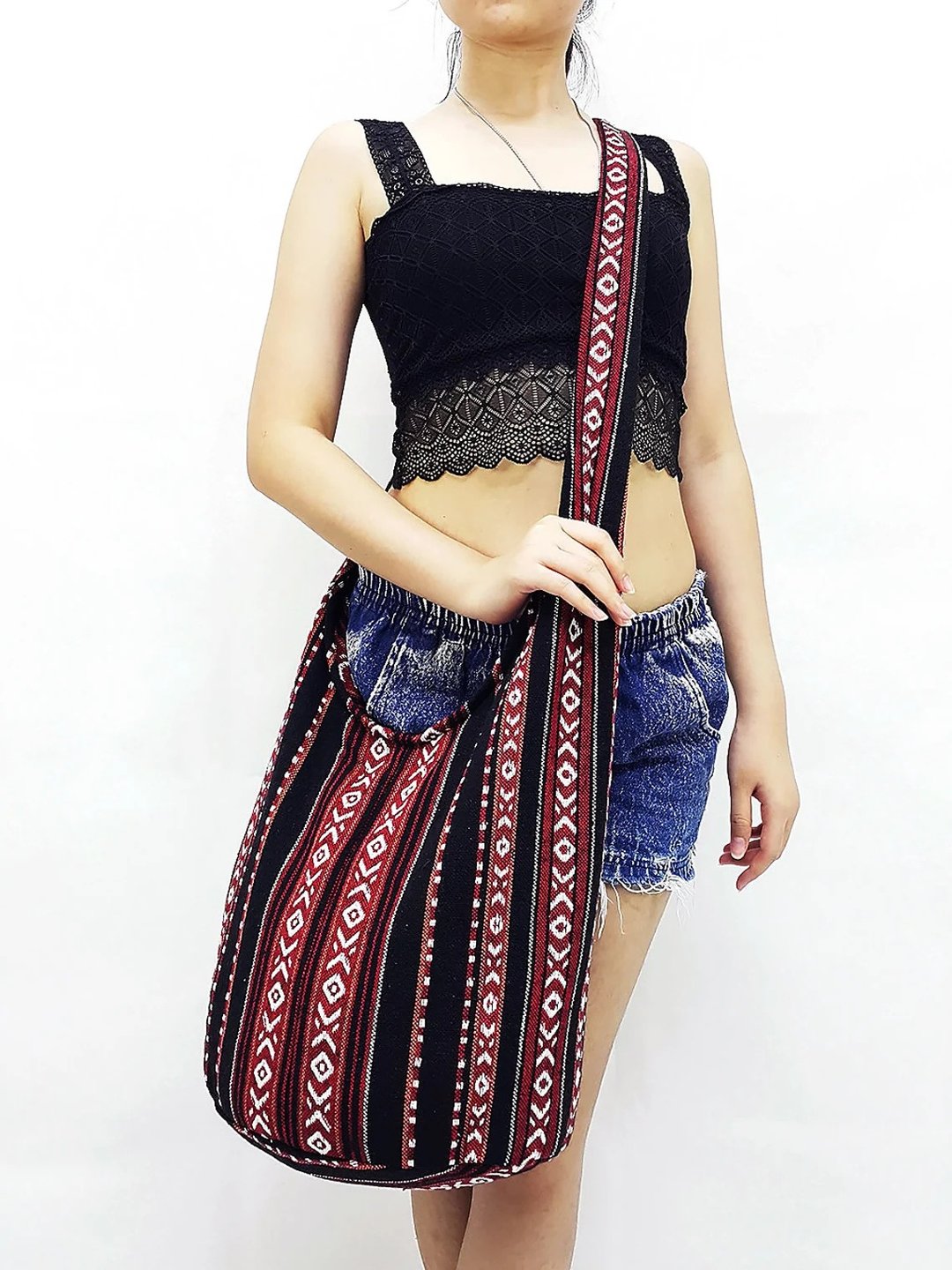Woven Cotton Bag Shoulder bag Long Strap Crossbody bag Black and Red Unisex - 其他 - 其他材质 黑色
