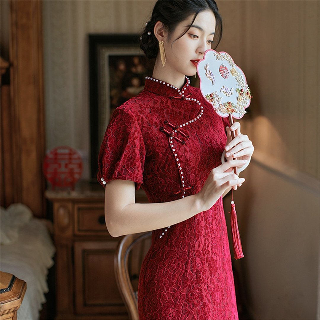 酒紅色 紅緹 提花蕾絲盤扣旗袍 婚宴晚宴結婚洋裝禮服 新娘敬酒服 - 旗袍 - 聚酯纤维 红色