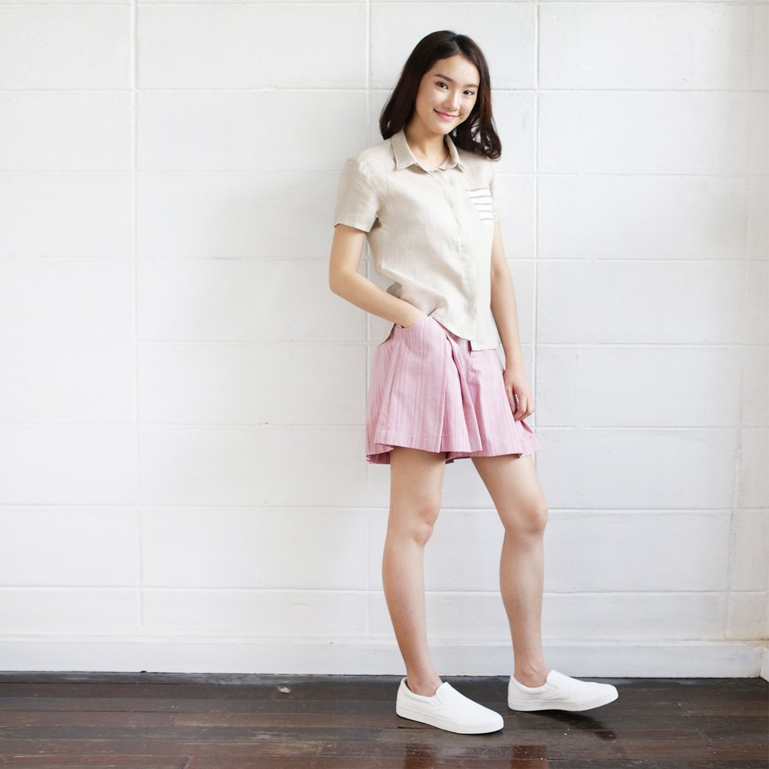 Pink Stripes Pleated Shorts Botanical Dyed Cotton - 女装长裤 - 棉 粉红色