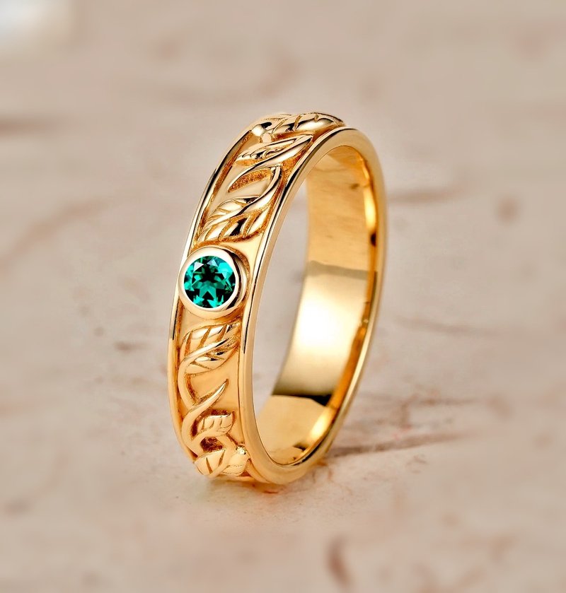 Men's Emerald Leaf Band | 14k Gold Ring | Green Gemstone - 对戒 - 纯银 绿色