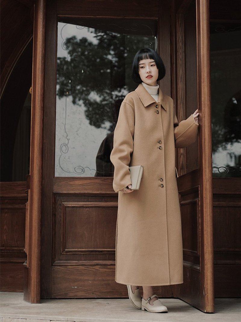 駝色 全羊毛雙面呢料復古落肩大衣 大地色翻領休閑長款秋冬外套 - 女装休闲/机能外套 - 羊毛 卡其色