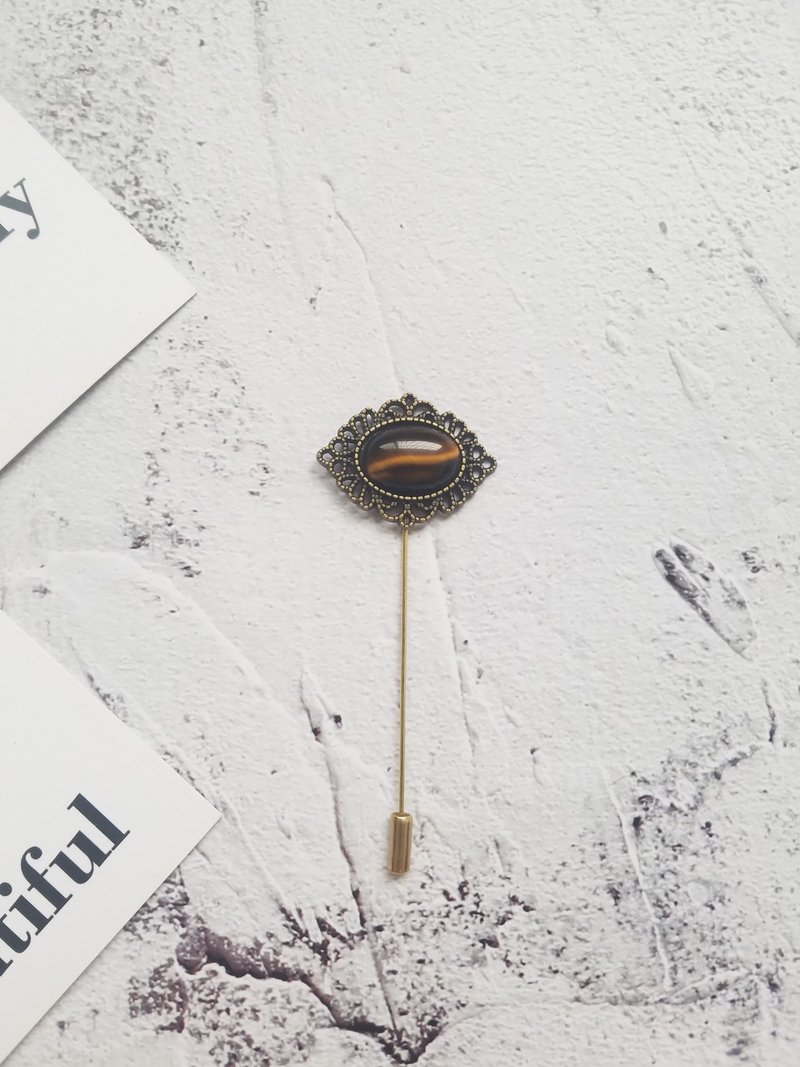 虎眼石胸针宝石胸花一字针插针 - 胸针 - 半宝石 卡其色