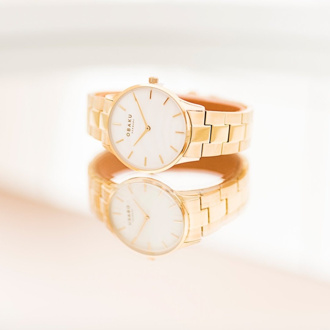 OBAKU 都会知性贝壳时尚腕表-金X白-V247LXGWSG-35mm - 女表 - 不锈钢 多色